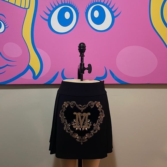 Moschino Black Wool Pleated Velvet Heart Skirt